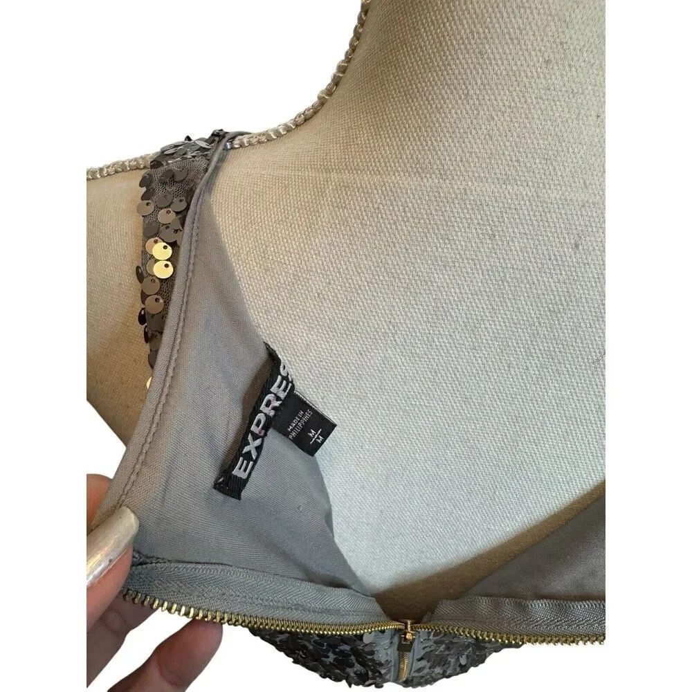 Express Sequin Crop Sparkly Tank Top Grey & Silver Sequin Y2K